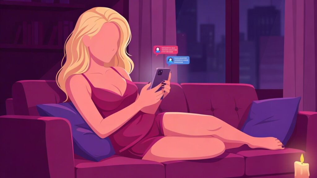 ilustração de mulhersentada no sofá trocando mensagens no celular para ilustrar um conto erótico