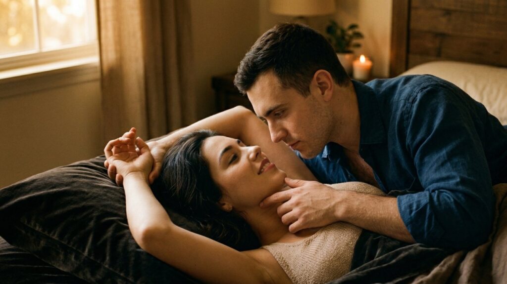 casal na cama com mulher com braços pra cima e homem passando a mão no queixo dela