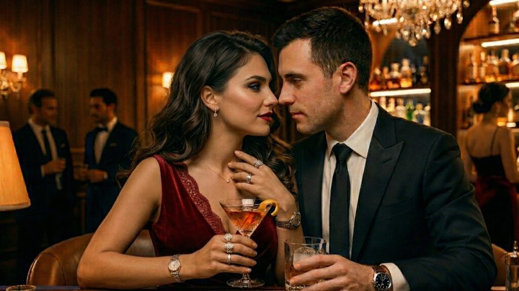 casal tomando drinque a quase se beijando em bar