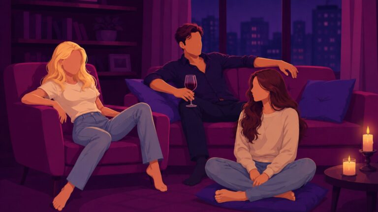 Ilustração para conto erótico mostrando um homem relaxado no sofá com uma taça de vinho apoiada no joelho, enquanto duas mulheres conversam em um ambiente intimista