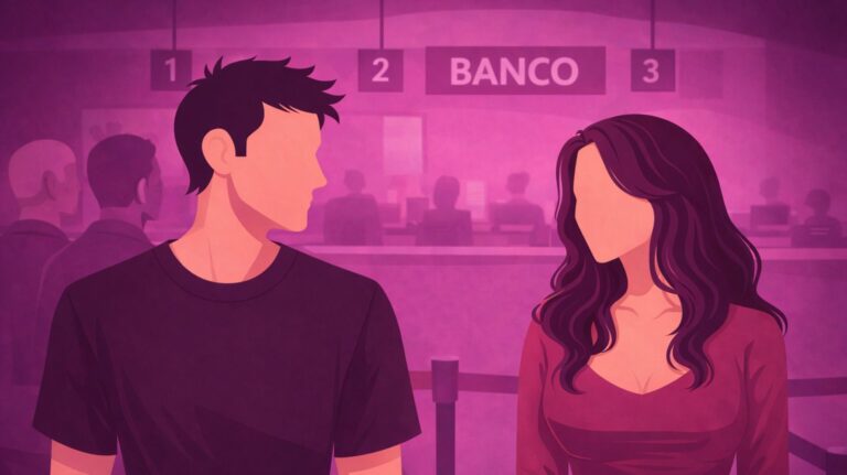 ilustração de conto erótico com mulher e homem na fila do banco