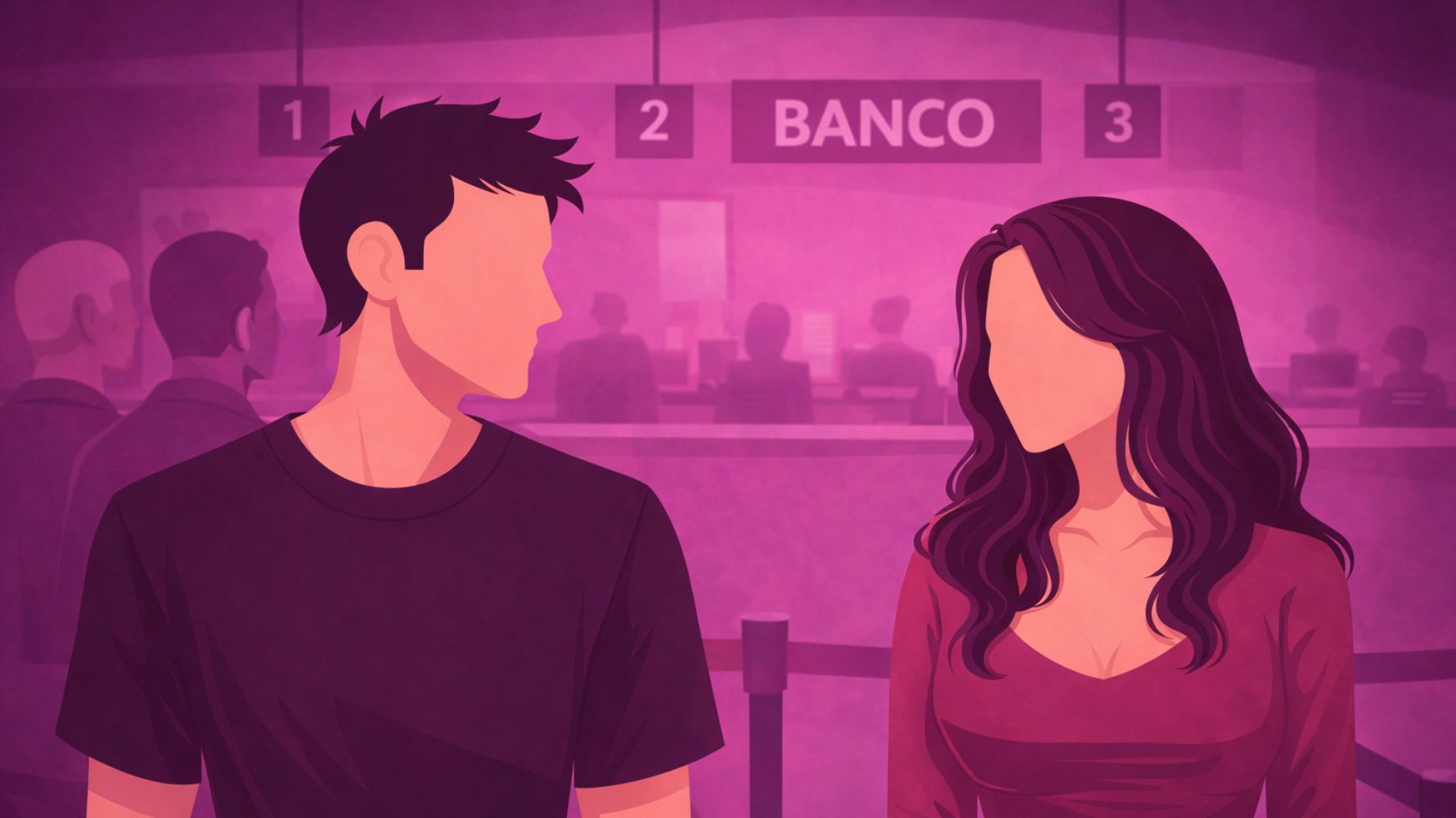ilustração de conto erótico com mulher e homem na fila do banco