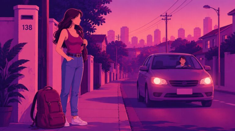 Ilustração para conto erótico com tons roxos e rosas de uma mulher ao lado de uma mochila esperando um carro se aproximar em uma rua residencial