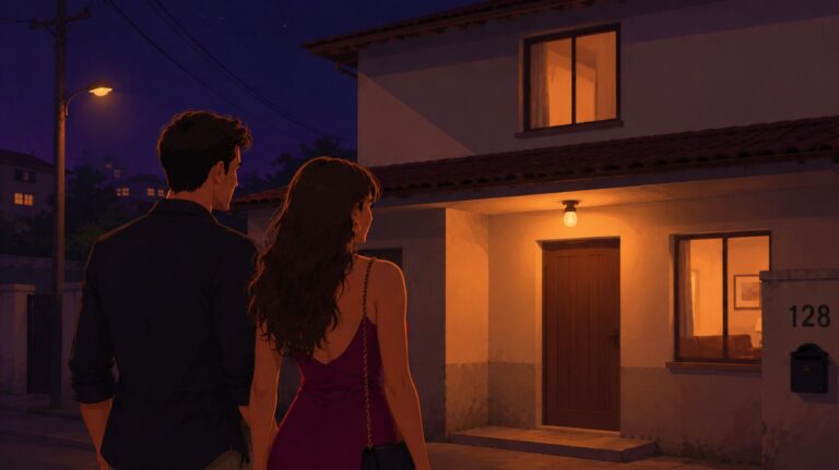 Ilustração para conto erótico de um casal chegando em uma casa de swign simples de dois andares durante a noite, com iluminação aconchegante e atmosfera romântica em um bairro residencial brasileiro.
