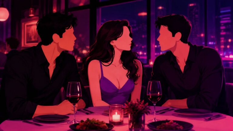ilustração com uma mulher no meio e um homem em cada lado em um jantar para ilustrar um conto erótico sobre um homem que gosta de ser corno