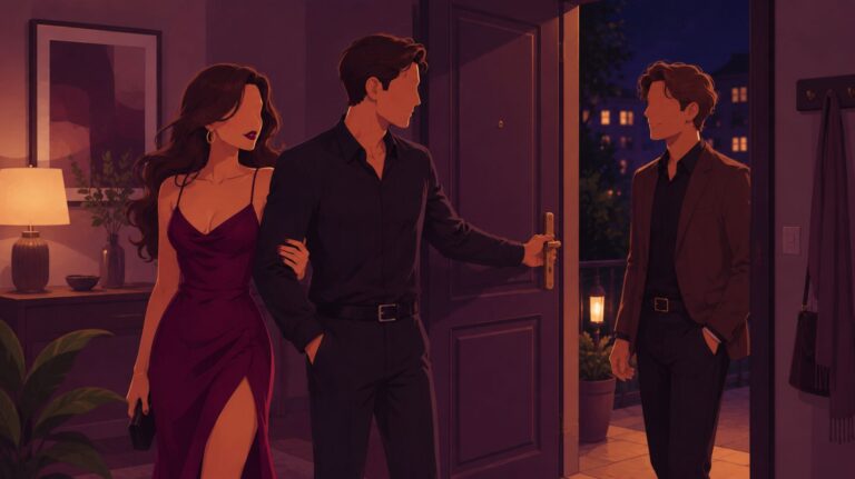 Ilustração para conto erótico de um casal elegante recebendo um homem na porta de casa durante a noite, em um ambiente sofisticado e aconchegante com iluminação em tons roxos e quentes.