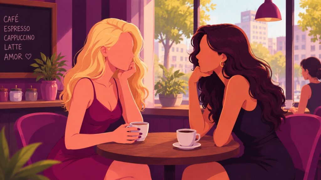 Ilustração para conto erótico de duas mulheres em uma cafeteria aconchegante, tomando café e conversando com interesse romântico em um ambiente moderno e iluminado pela luz do dia.