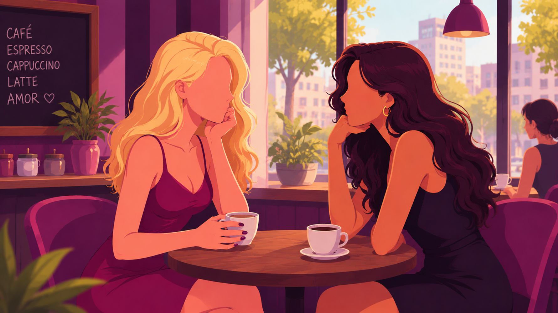 Ilustração para conto erótico de duas mulheres em uma cafeteria aconchegante, tomando café e conversando com interesse romântico em um ambiente moderno e iluminado pela luz do dia.