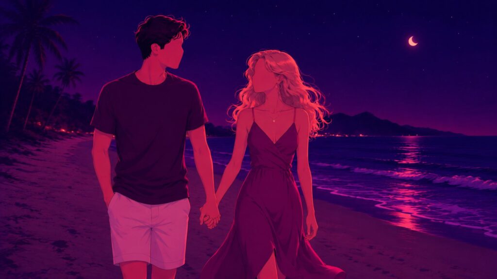 Ilustração para conto erótico com tons roxos e rosas de um casal caminhando de mãos dadas em uma praia deserta durante a noite, com mar calmo, céu estrelado e atmosfera romântica.