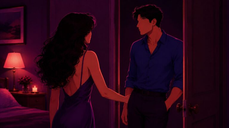 Ilustração sensual em estilo digital cinematográfico de uma mulher recebendo um homem de camisa azul em um quarto iluminado por luzes em tons de rosa e roxo, criando um clima íntimo e envolvente.