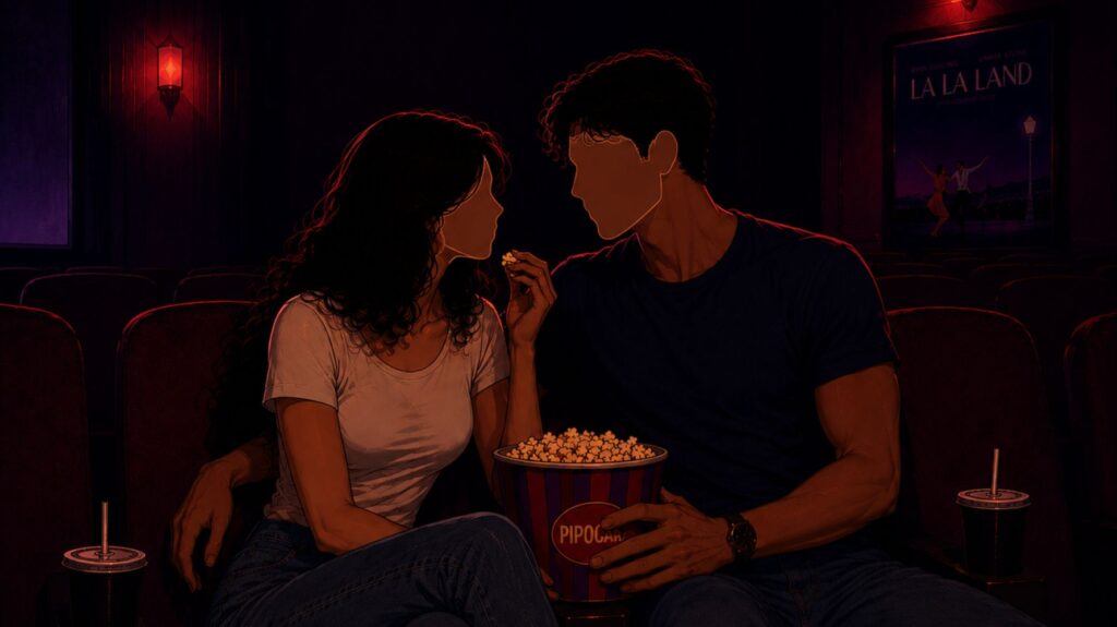 Ilustração para um conto erótico de um casal no cinema em clima intimista, com luzes em tons avermelhados, pipoca compartilhada e traços minimalistas no rosto, criando uma atmosfera cinematográfica e envolvente.