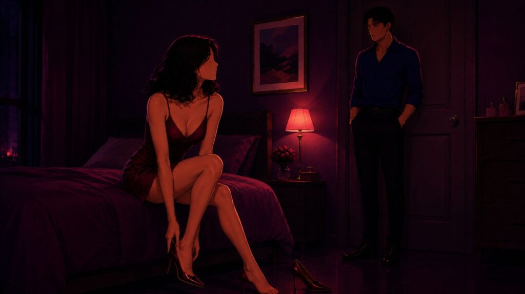 Ilustração para conto erótico em estilo cinematográfico de uma mulher elegante sentada na beira da cama tirando o scarpin, enquanto um homem observa ao fundo em um quarto com iluminação intimista em tons de vinho, rosa e roxo.