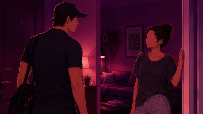 Ilustração para conto erótico em estilo moderno mostrando um montador de móveis chegando ao apartamento de uma mulher em um ambiente aconchegante, com iluminação em tons de roxo e vermelho neon.