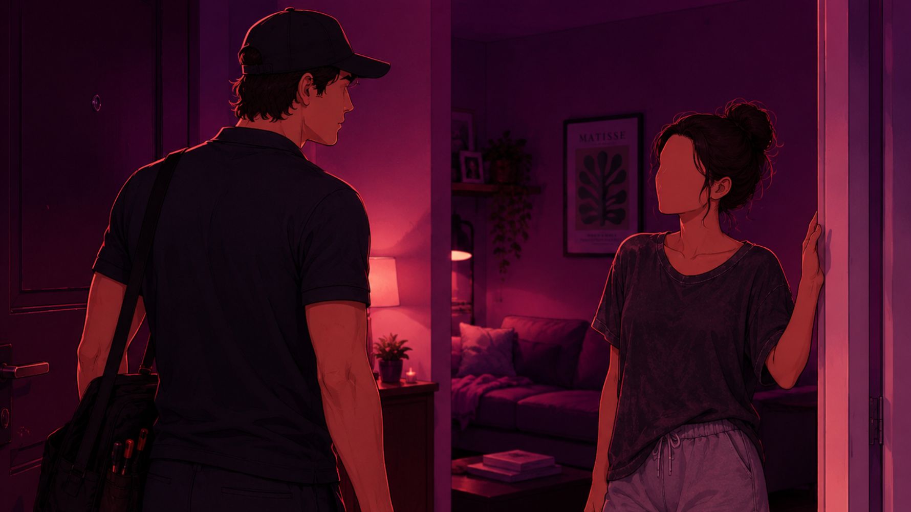 Ilustração para conto erótico em estilo moderno mostrando um montador de móveis chegando ao apartamento de uma mulher em um ambiente aconchegante, com iluminação em tons de roxo e vermelho neon.