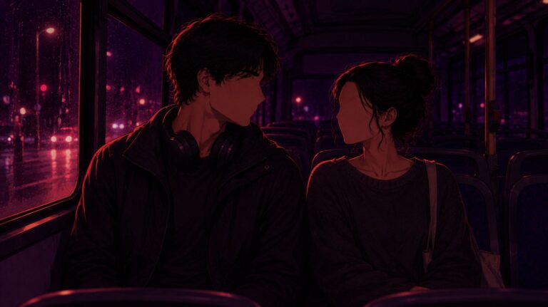 Ilustração para conto erótico de um homem e uma mulher sentados em um ônibus durante a noite, com iluminação em tons de roxo e rosa neon.
