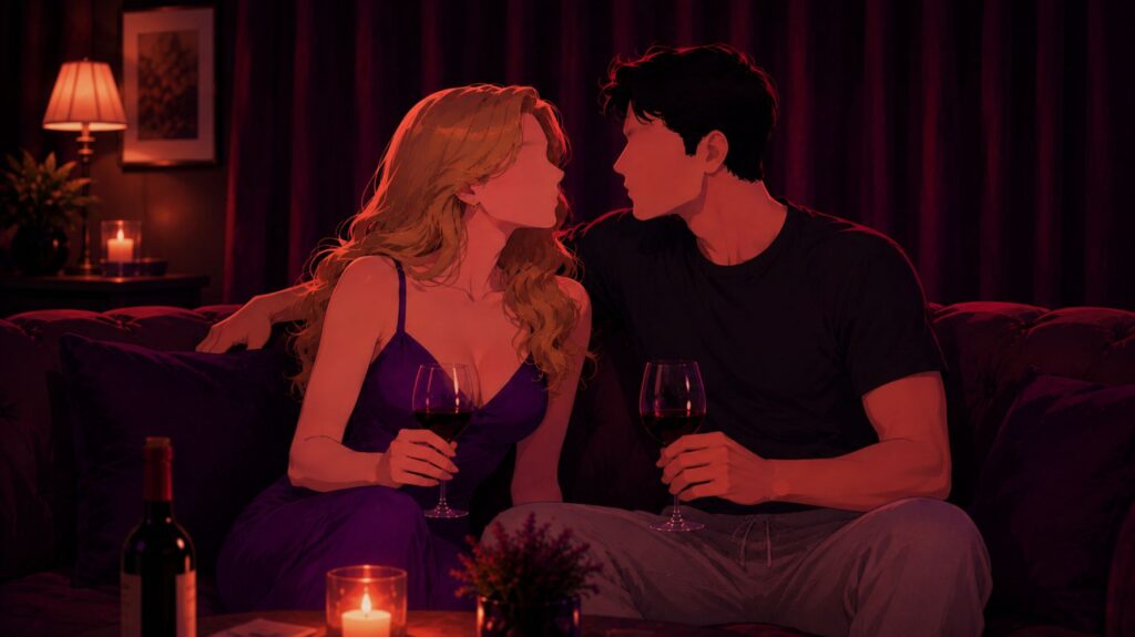 Ilustração para conto erótico em estilo moderno mostrando um casal sentado no sofá, tomando vinho em um ambiente aconchegante com luz baixa, cortinas fechadas e tons em roxo e vermelho.
