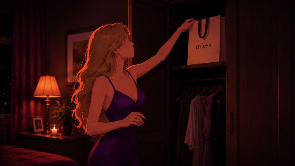 Ilustração para conto erótico de uma mulher pegando uma sacola da Miess no armário do quarto, em um ambiente intimista com iluminação quente e atmosfera sensual.