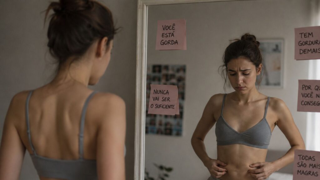 mulher com dismorfia corporal magra de sutiã olhando triste para o espelho
