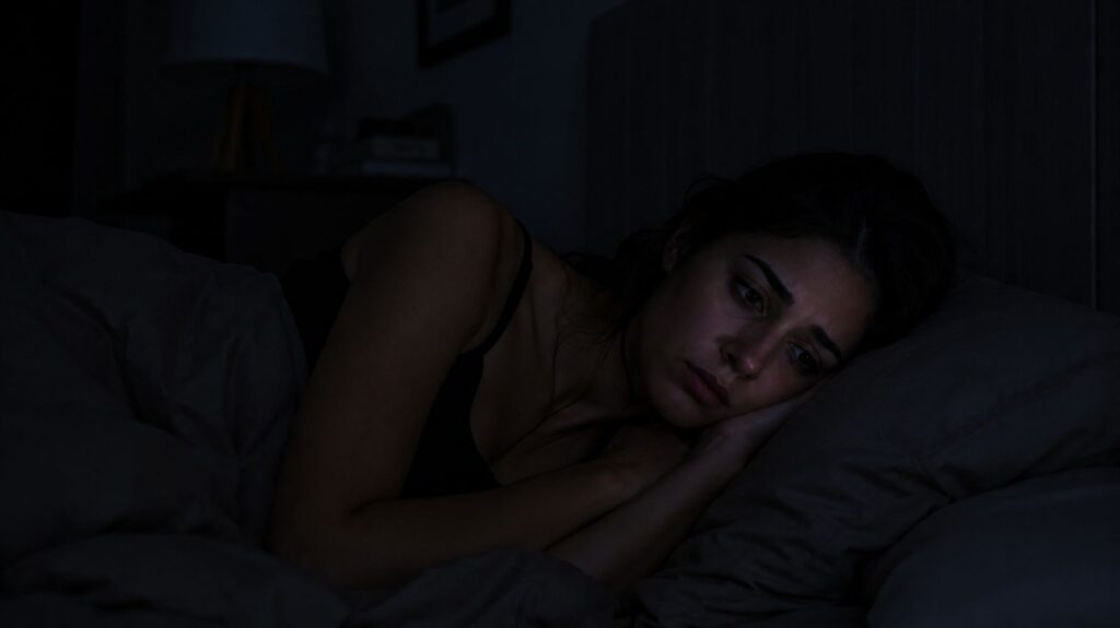 mulher triste deitada na cama no escuro