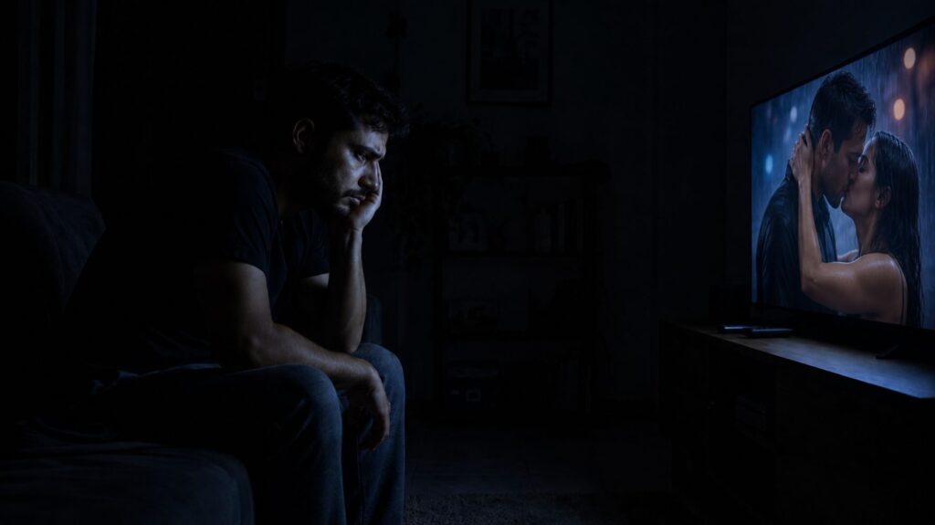 homem triste assistindo televisão com vício em pornografia