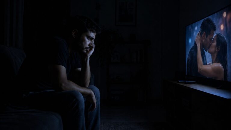 homem triste assistindo televisão com vício em pornografia