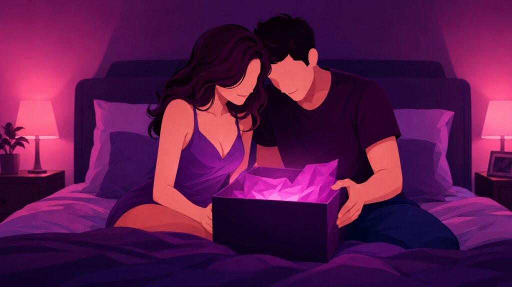 ilustração com um casal na cama olhando para uma caixa para ilustra um post sobre dupla penetração com vibrador