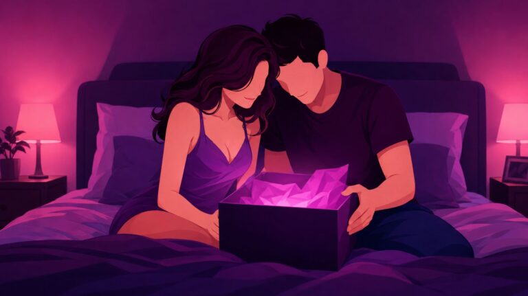ilustração com um casal na cama olhando para uma caixa para ilustra um post sobre dupla penetração com vibrador