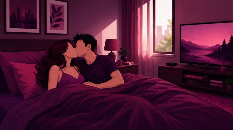 ilustração de homem e mulher deitados na cama se beijando para conto erótico