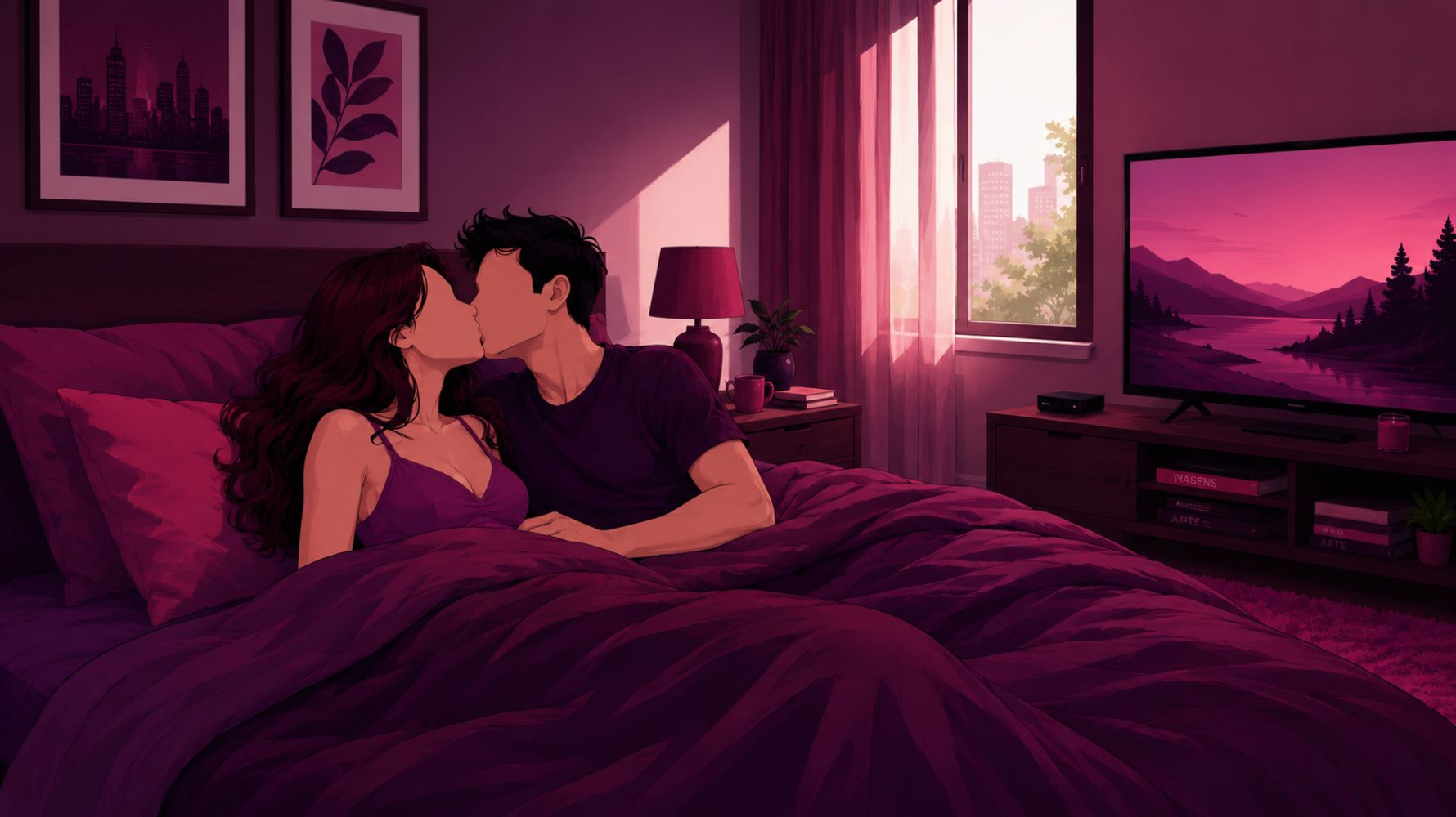 ilustração de homem e mulher deitados na cama se beijando para conto erótico