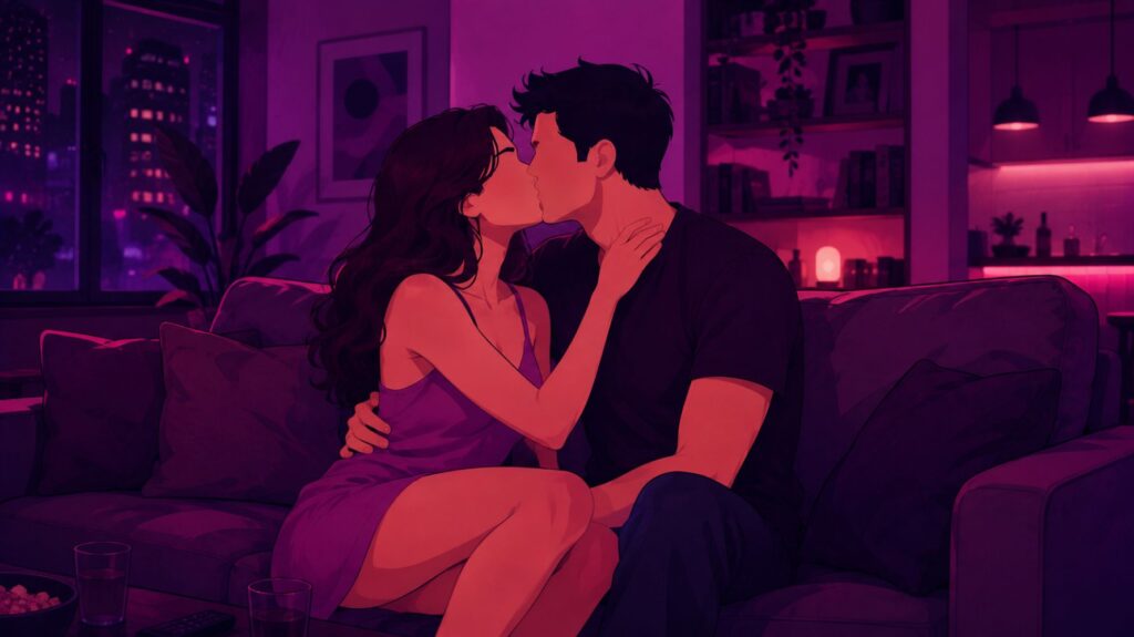 ilustração de um casal se beijando no sofá para ilustrar um conto erótico