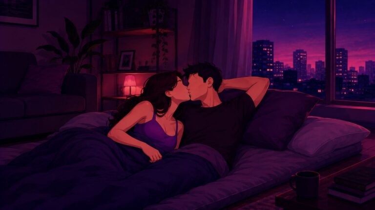 ilustração de homem e mulher deitados no colchão se beijando para conto erótico