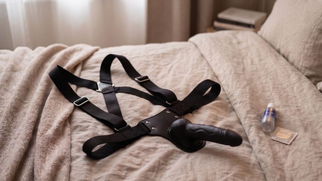 strapon preto na cama