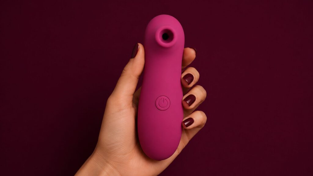 mão de mulher segurando vibrador sugador