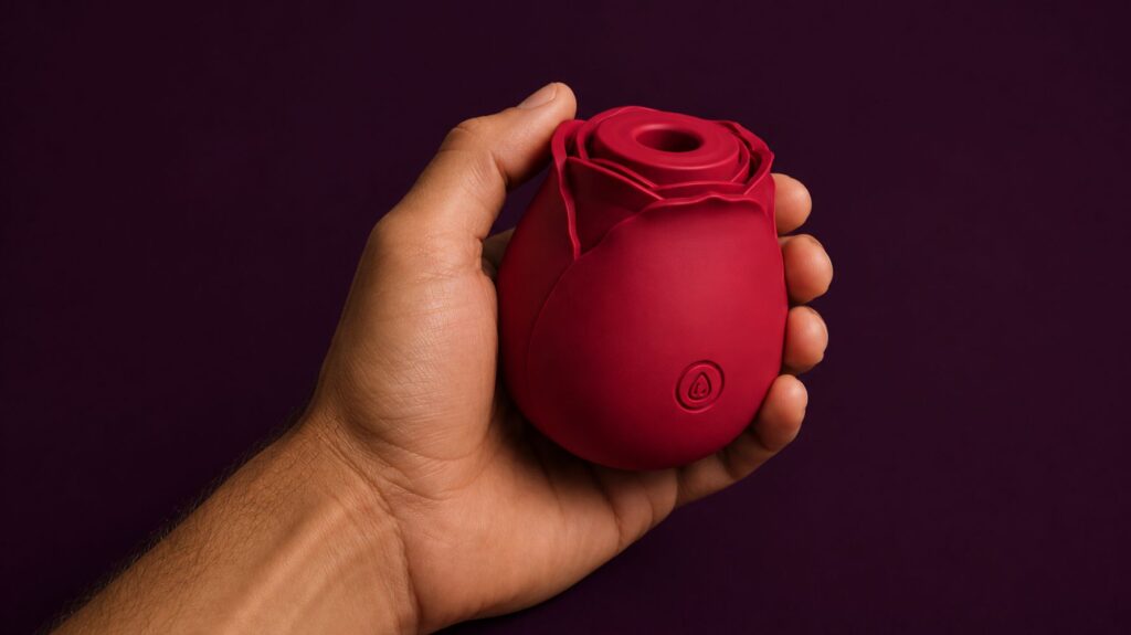 mão de homem segurando vibrador em formato de rosa