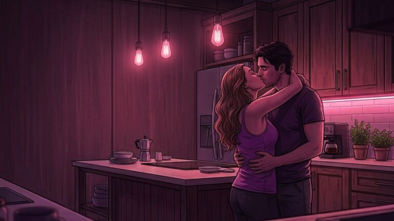 ilustração de casal se beijando na cozinha
