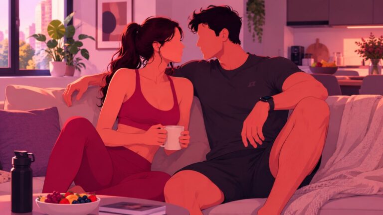 ilustração de conto erótico de uma mulher e um homem sentados no sofá conversando.