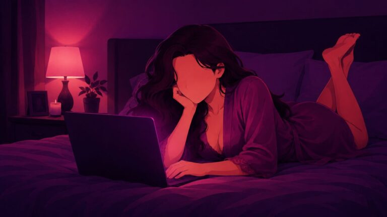 ilustração de conto erótico de mulher fazendo videochamada em notebook