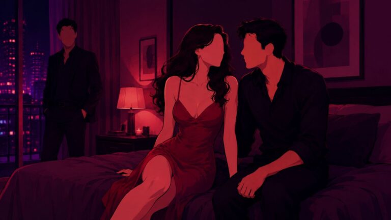 ilustração para conto erótico de um homem e uma mulher sentados na cama, enquanto outro homem observa ao fundo.
