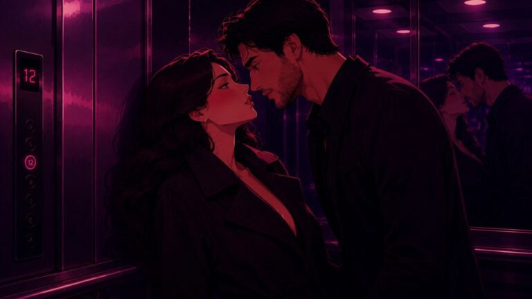 ilustração para conto erótico de um homem e uma mulher presos em um elevador. Eles estão se olhando sedutoramente.