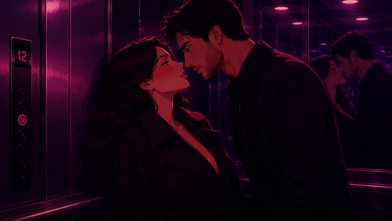 ilustração para conto erótico de um homem e uma mulher presos em um elevador. Eles estão se olhando sedutoramente.