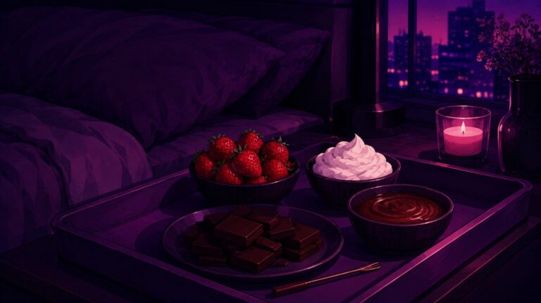 ilustração para conto erótico, morango, chantilly e chocolate ao lado da cama