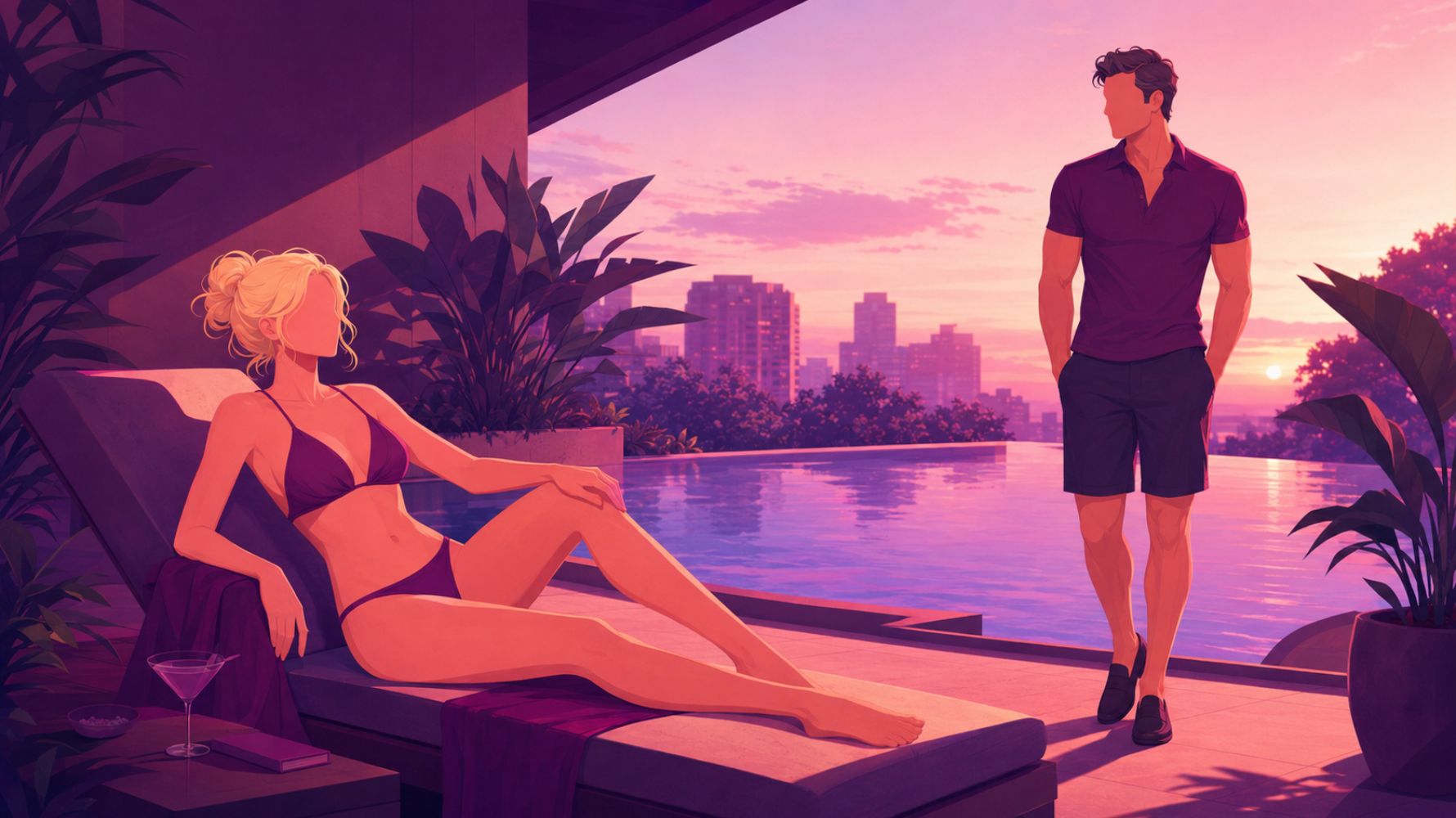 ilustração para conto erótico de mulher sentada à beira da piscina e homem de pé