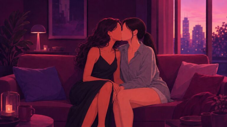 ilustração para conto erótico de duas mulheres se beijando no sofá