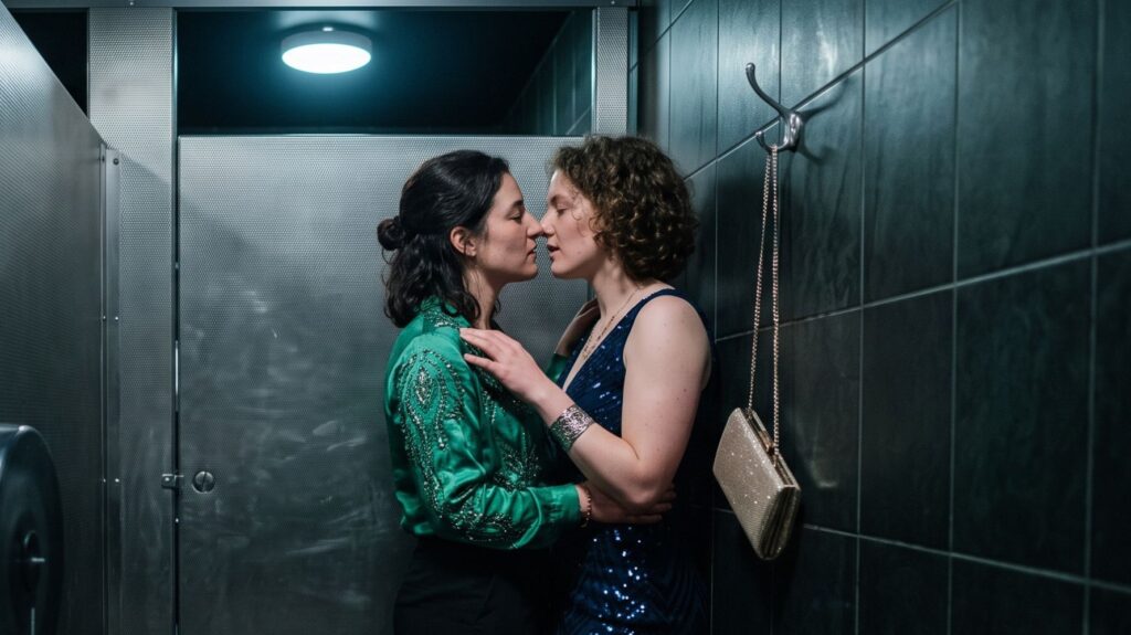 duas mulheres se beijando no banheiro