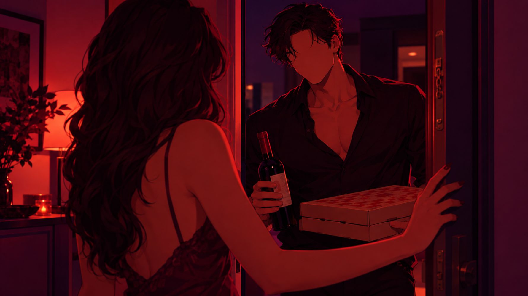 ilustração para conto erótico de homem chegando com pizza em apartamento da mulher