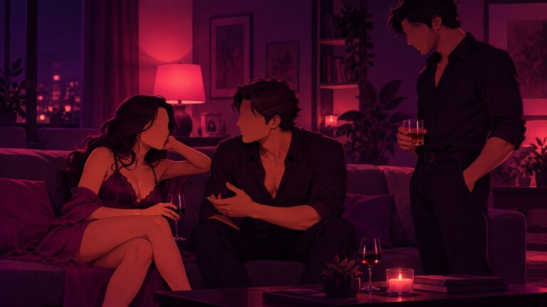 ilustração para conto erótico com casal sentado no sofá e um homem olhando