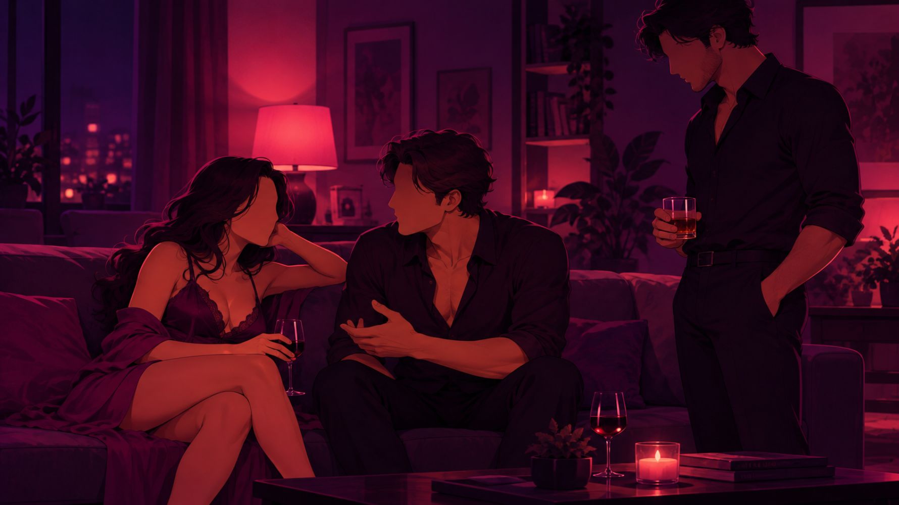 ilustração para conto erótico com casal sentado no sofá e um homem olhando