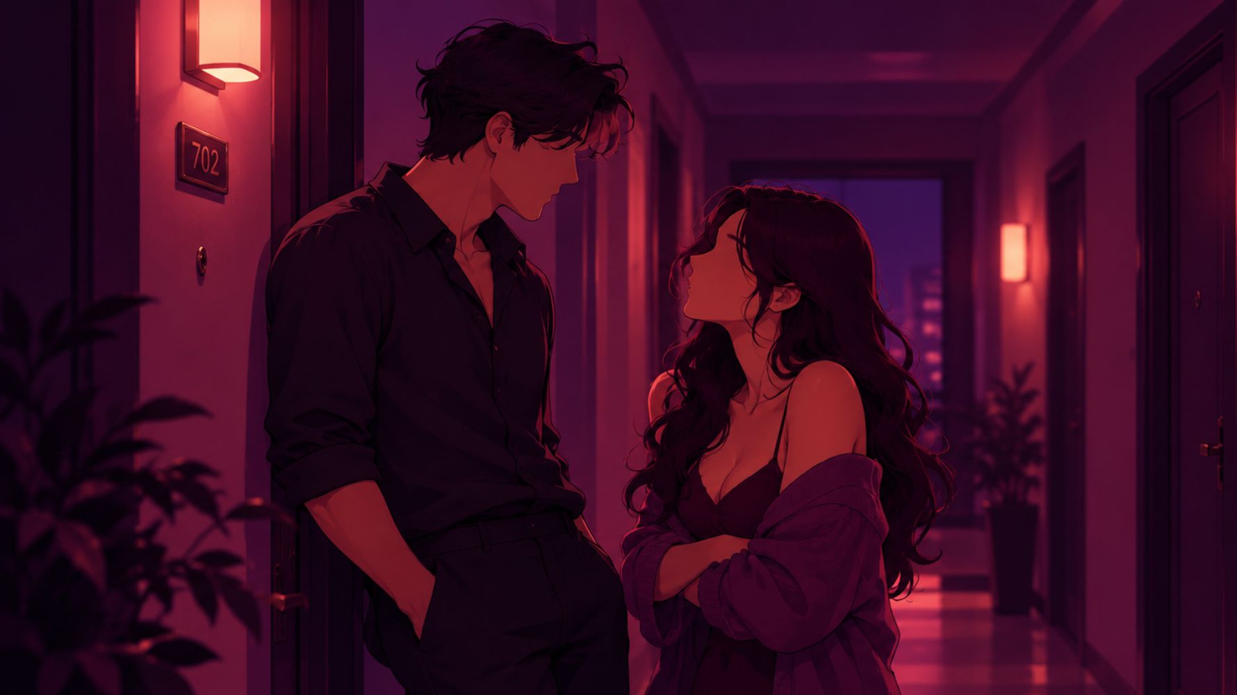 ilustração para conto erótico de casal conversando no corredor de prédio